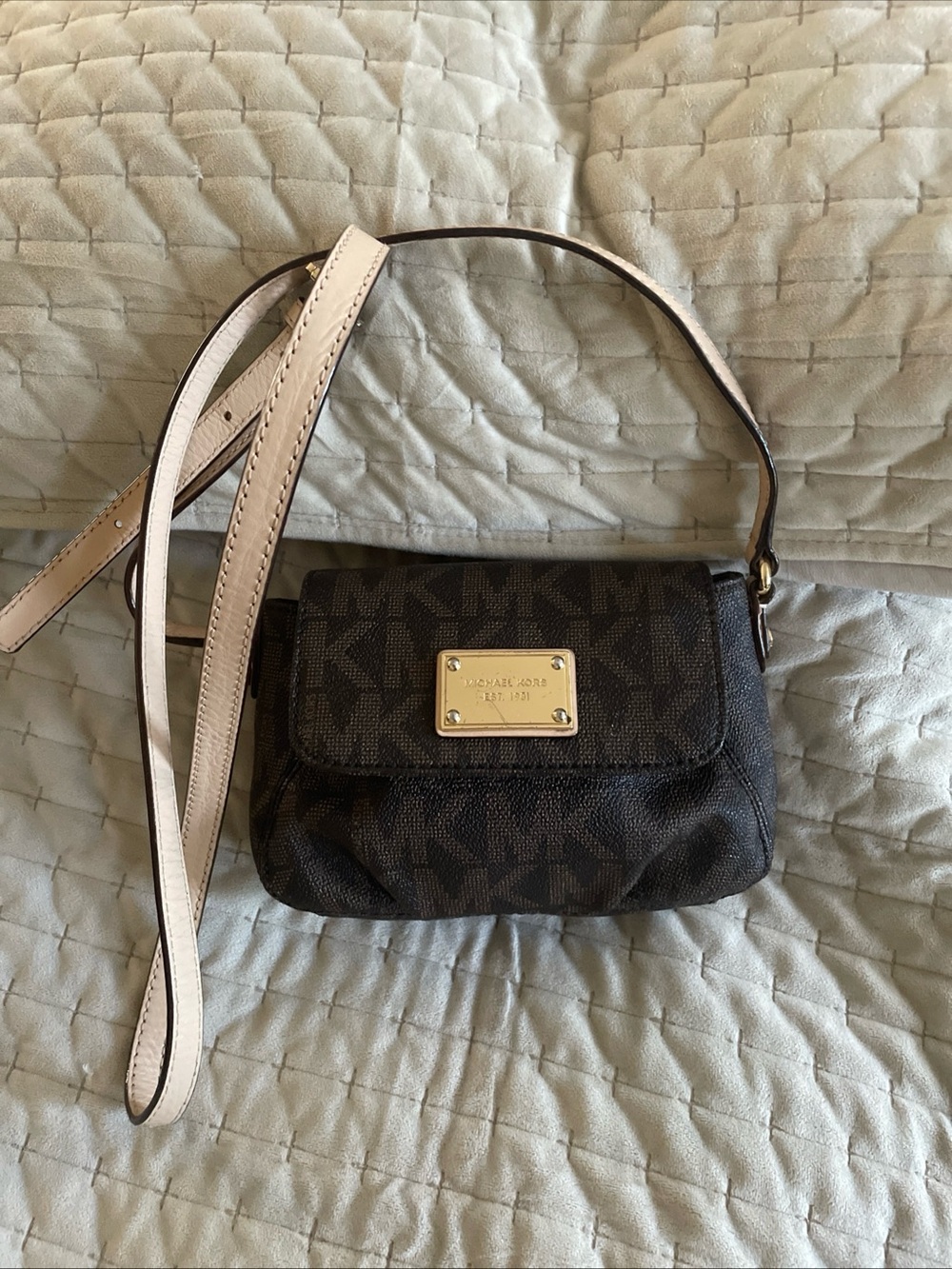 Michael Kors Brown Logo Crossbody with Pale tan Strap and Gold Plaque